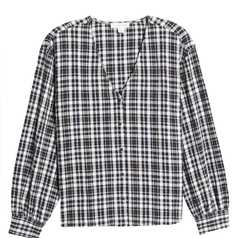 TREASURE & BOND-Check V-Neck Button-Up Top-Women's Size: Small-Black-NEW!!